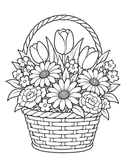 A woven basket filled with tulips and daisies in this flower coloring page.
