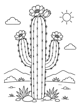Free printable Flowering Saguaro Cactus In Desert coloring page