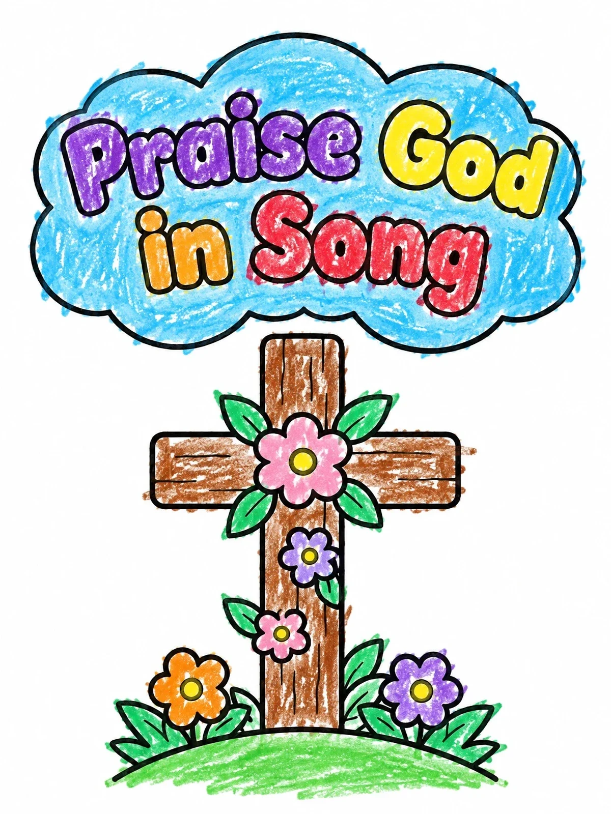 Colored example of the Flowering Wooden Cross With Praise Quote coloring page