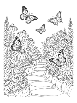 A stone pathway with a flowers and butterflies coloring page full of blossoms.