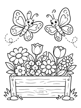 Free printable Butterflies Flying Over Garden Planter coloring page