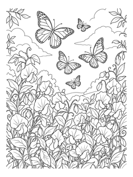 A flowers and butterflies coloring page showing delicate sweet peas in bloom under soaring butterflies.