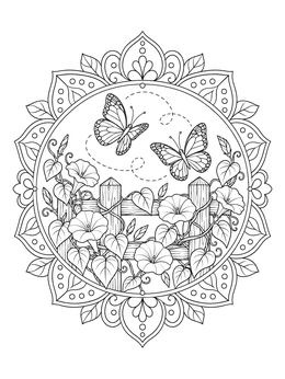 Morning glories climb a wooden fence beneath butterflies in this flowers and butterflies coloring page.