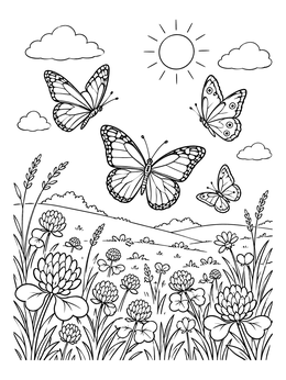 Free printable Butterflies Over A Clover Meadow coloring page