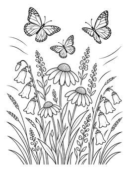 Free printable Butterflies Floating Over Wildflower Meadow coloring page