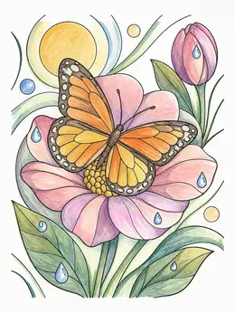 Butterfly On Blossom With Dewdrops – Flowers And Butterflies Coloring Page