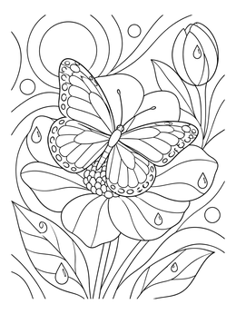 A detailed flowers and butterflies coloring page featuring a butterfly resting on a dewy blossom.