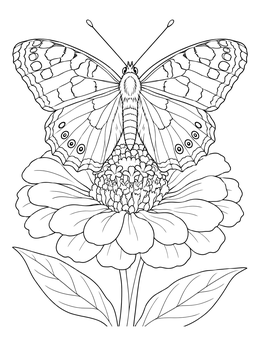 A detailed flowers and butterflies coloring page showing a butterfly atop a blooming zinnia.