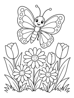Free printable Cheerful Butterfly Over Garden Blooms coloring page