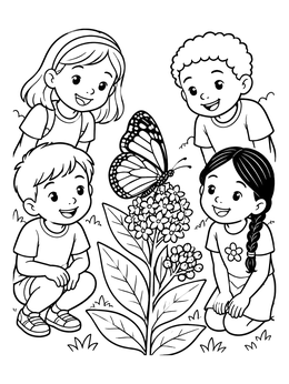 Free printable Children Watching A Monarch Butterfly coloring page