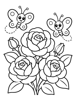 Free printable Garden Roses And Cheerful Butterflies coloring page