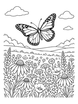 A monarch butterfly hovers in this flowers and butterflies coloring page.