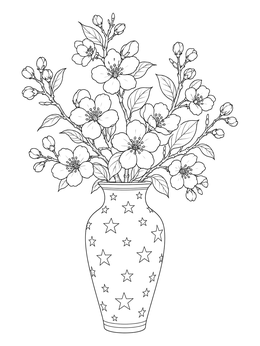 A detailed flowers in a vase coloring page featuring blooming cherry branches in a starry vase.