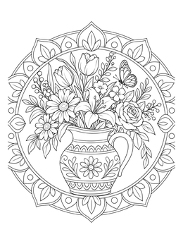A decorative flowers in a vase coloring page featuring blooming tulips, lilies, and a butterfly framed in a mandala.