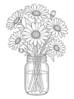 A fresh bouquet of flowers in a vase coloring page featuring blooming daisies inside a clear jar.