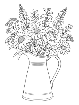 A detailed flowers in a vase coloring page featuring daisies and a rose in a rustic pitcher.