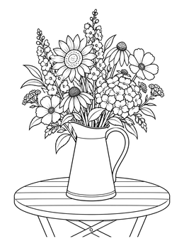 A rustic flowers in a vase coloring page featuring a blooming garden bouquet on a wooden table.