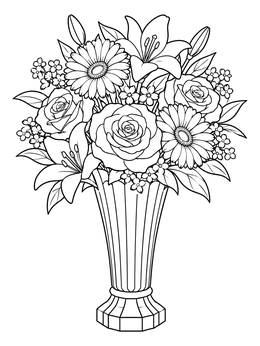 A detailed flowers in a vase coloring page featuring roses, lilies, and daisies in a fluted urn.
