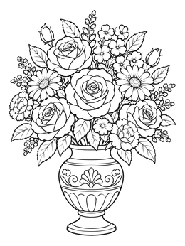 A detailed flowers in a vase coloring page featuring blooming roses, daisies, and an ornate urn.