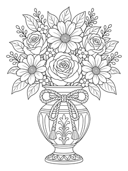 A detailed flowers in a vase coloring page featuring roses and daisies tied with a braided rope bow.