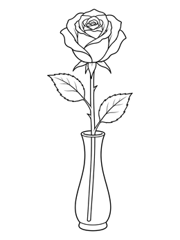 A single blooming rose standing in a slender vase in this flowers in a vase coloring page.