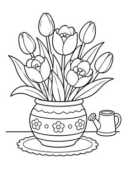 Free printable Tulip Bouquet In Decorated Ceramic Pot coloring page