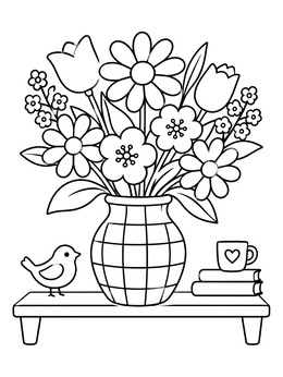 Free printable Blooms In Checkered Vase With Bird coloring page