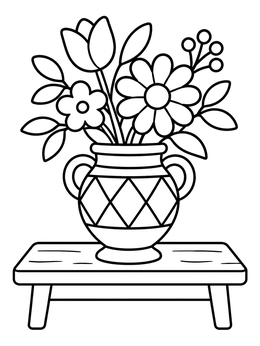 Free printable Flowers In Patterned Vase On Bench coloring page