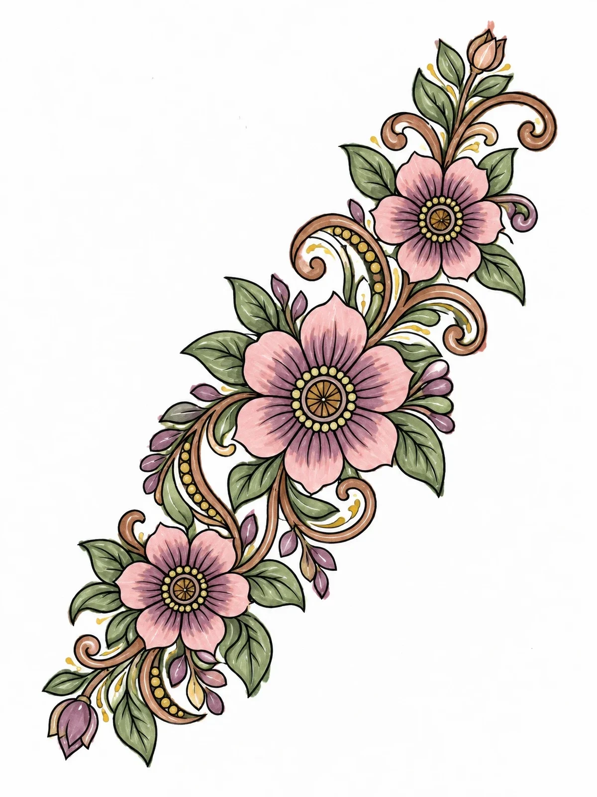 Colored example of the Flowing Henna Floral Vine coloring page