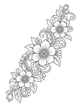 Diagonal henna coloring page featuring elegant blooming flowers, leafy vines, and delicate swirls.