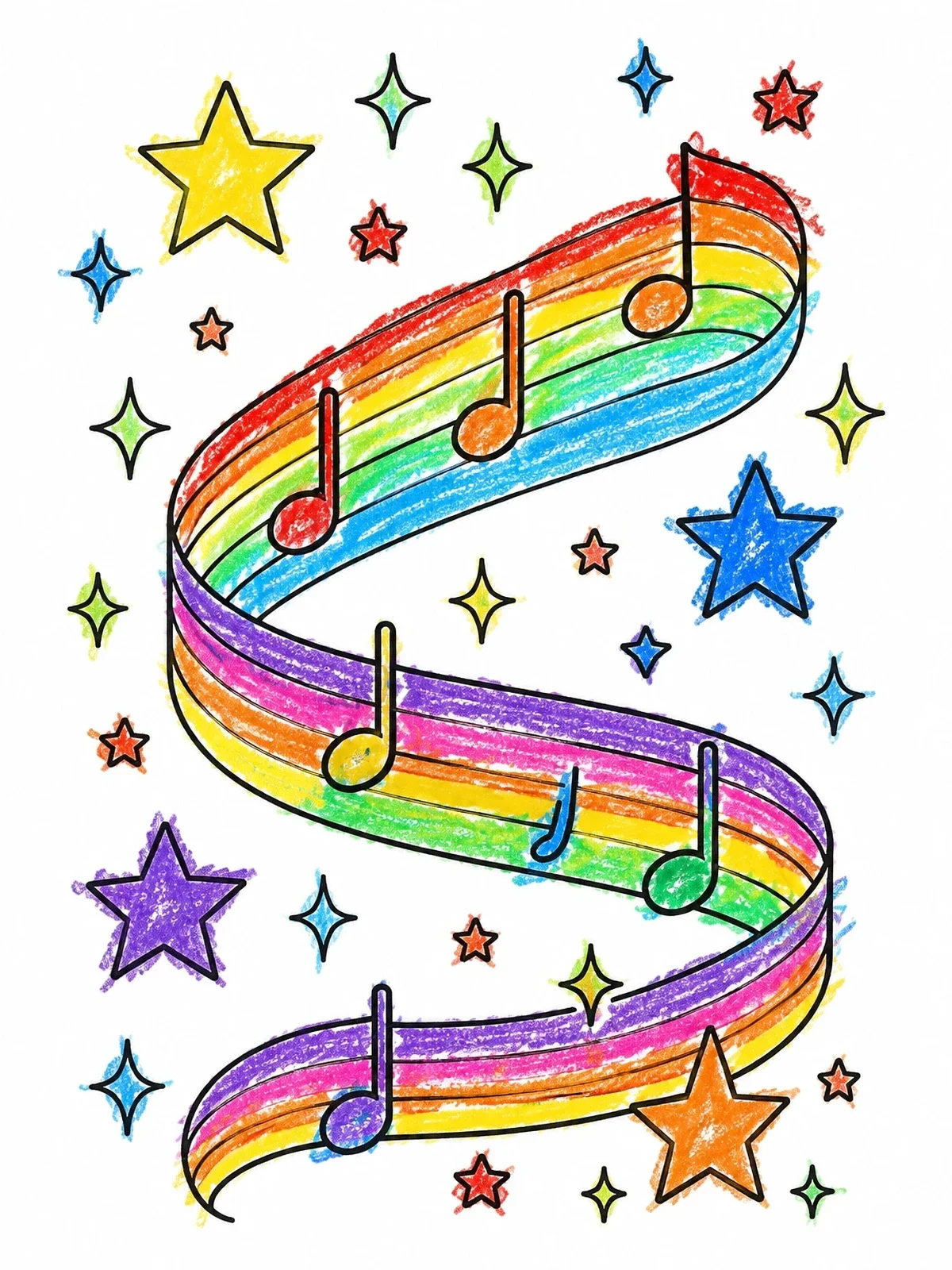 Colored example of the Flowing Musical Staff With Stars coloring page