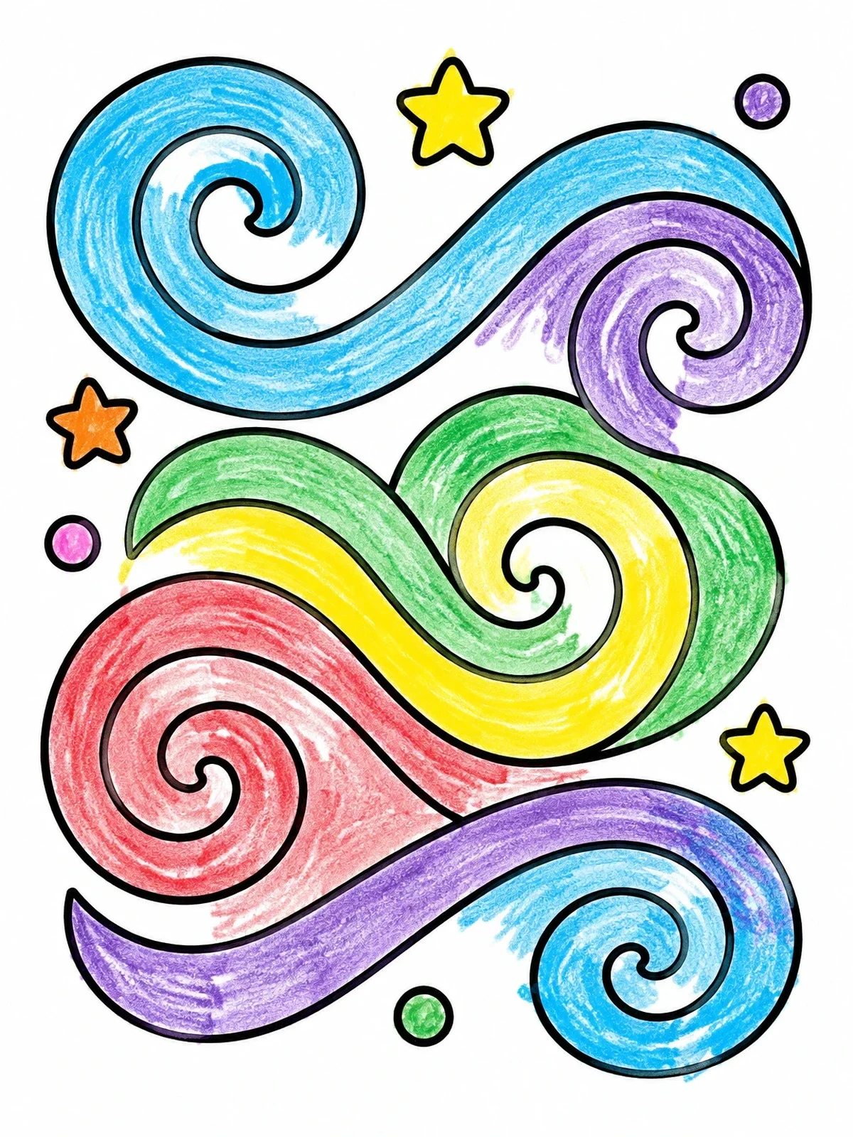 Colored example of the Flowing Wind And Star Swirls coloring page