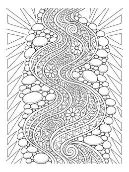 Free printable Flowing Zentangle River And Pebbles coloring page