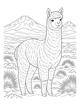 A detailed alpaca coloring page standing in the Andean plateau with snowy mountains in the background.