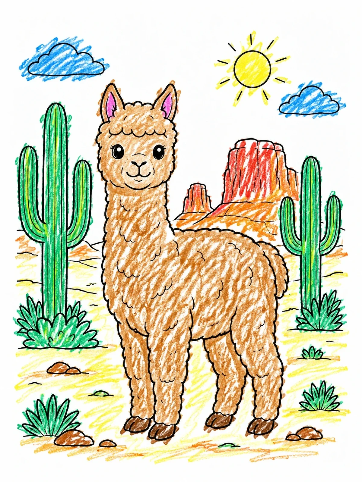 Colored example of the Fluffy Alpaca In Desert Landscape coloring page
