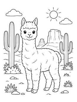 A cute alpaca coloring page set in a sunny desert with saguaro cacti and buttes.