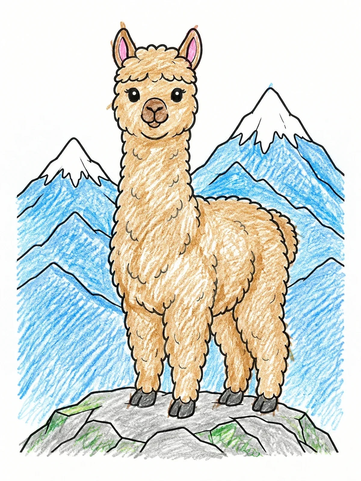 Colored example of the Fluffy Alpaca In The Mountains coloring page