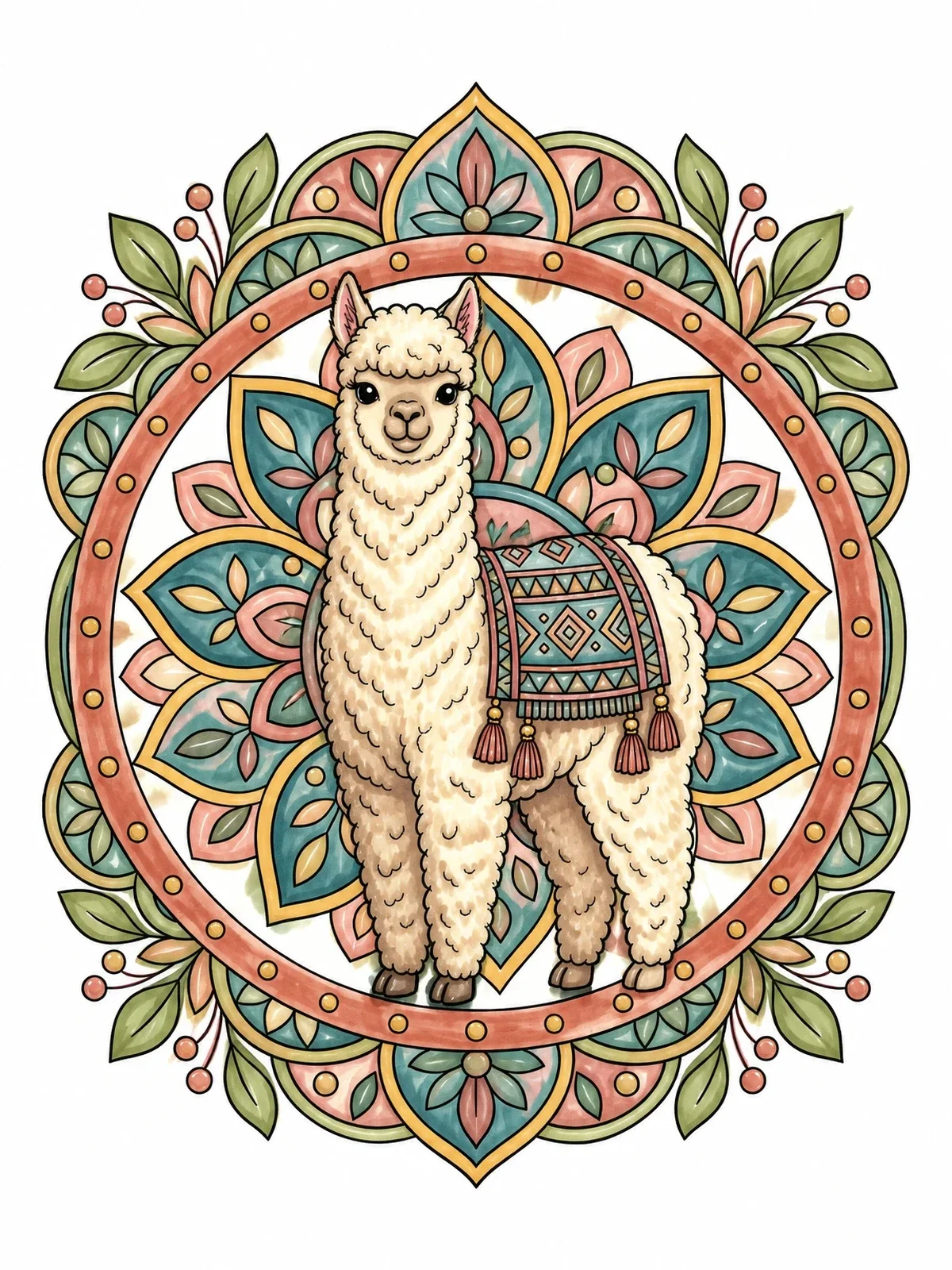 Colored example of the Fluffy Alpaca And Mandala Pattern coloring page