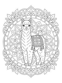 A detailed alpaca coloring page framed by an ornate floral mandala.
