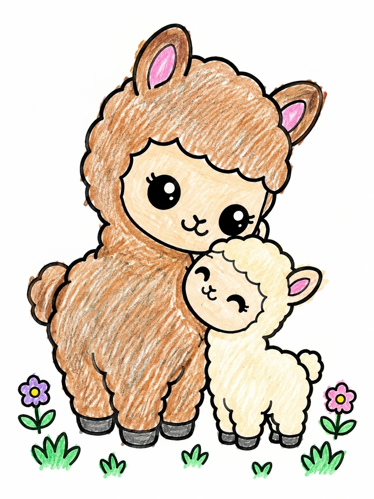 Colored example of the Fluffy Alpaca Mother And Baby coloring page