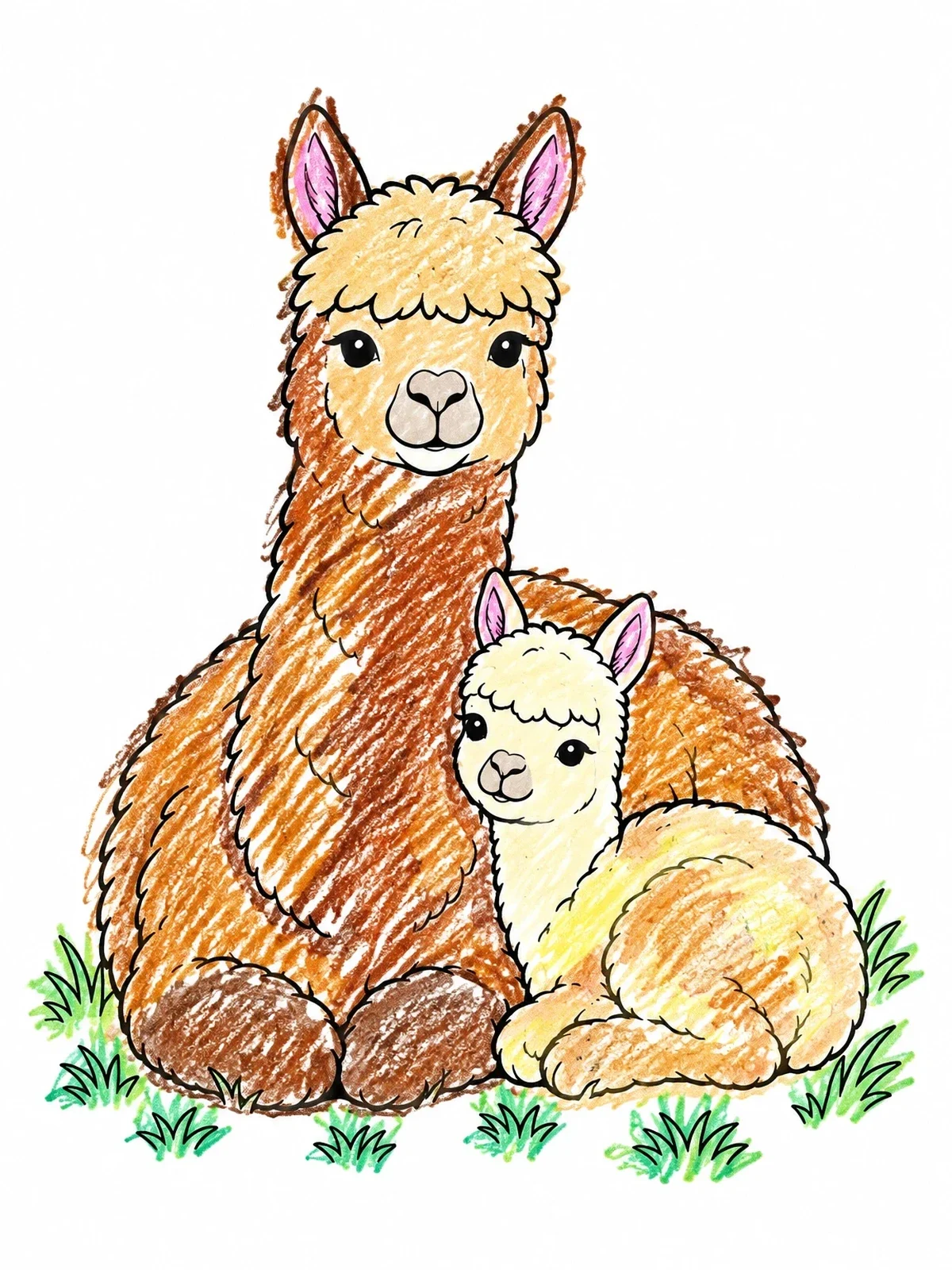 Colored example of the Fluffy Alpaca Mother And Baby coloring page