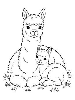 A sweet alpaca coloring page showing a fluffy mother sitting with her baby cria in the grass.