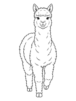 A fluffy alpaca coloring page showing the animal stepping forward with clear lines.