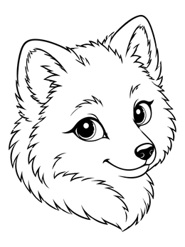 A sweet arctic fox coloring page featuring a fluffy face portrait.