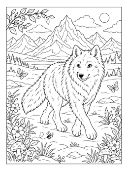 Free printable Fluffy Arctic Wolf In Mountain Landscape coloring page