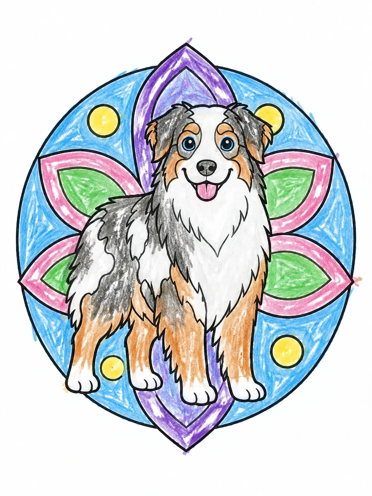 Colored example of the Fluffy Australian Shepherd With Mandala Badge coloring page