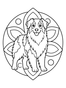 Free printable Fluffy Australian Shepherd With Mandala Badge coloring page