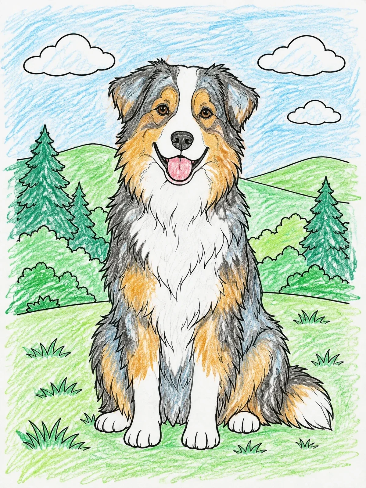Colored example of the Australian Shepherd In The Countryside coloring page