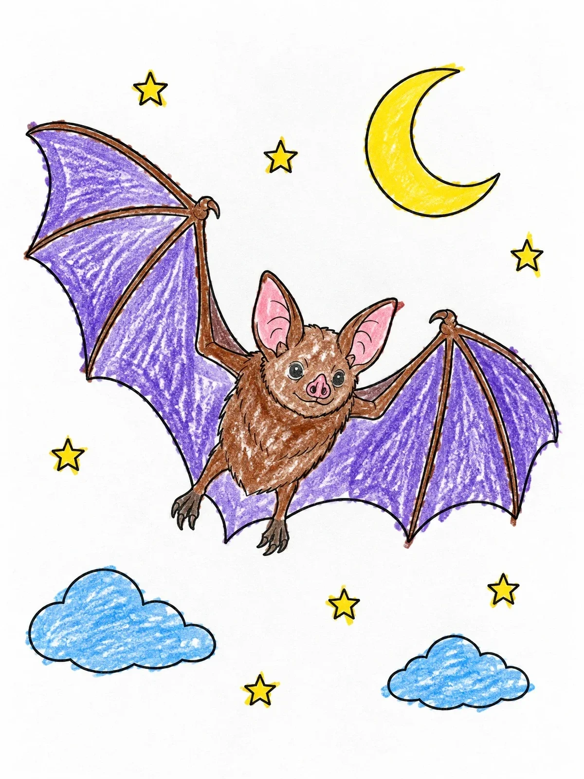 Colored example of the Fluffy Bat Flying In The Night Sky coloring page
