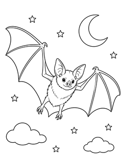 A fluffy little bat coloring page soaring through a starry night sky with a crescent moon.